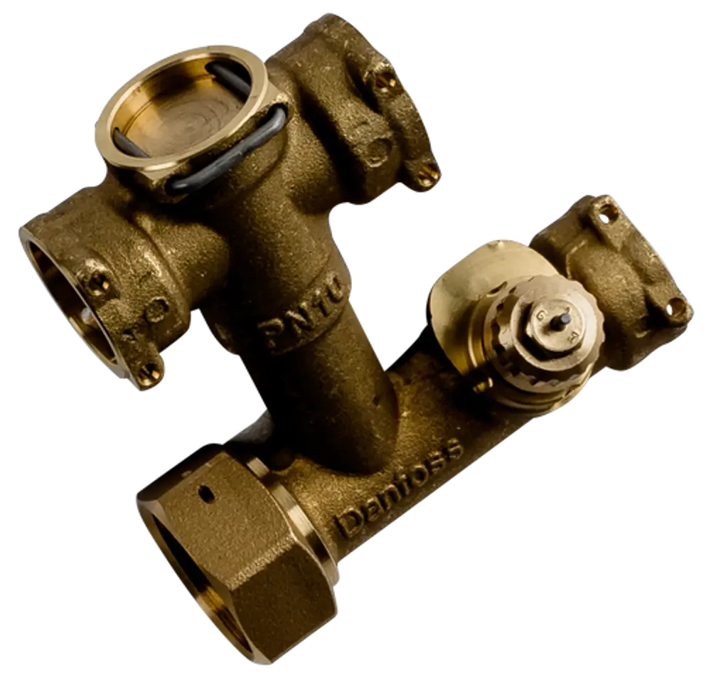 Bronzernes Ventil in H-Block-Form mit Rückschlagventil, beschriftet mit "Danfoss", speziell für Anwendungen, die möglicherweise mit Wolf Produkten kompatibel sind.